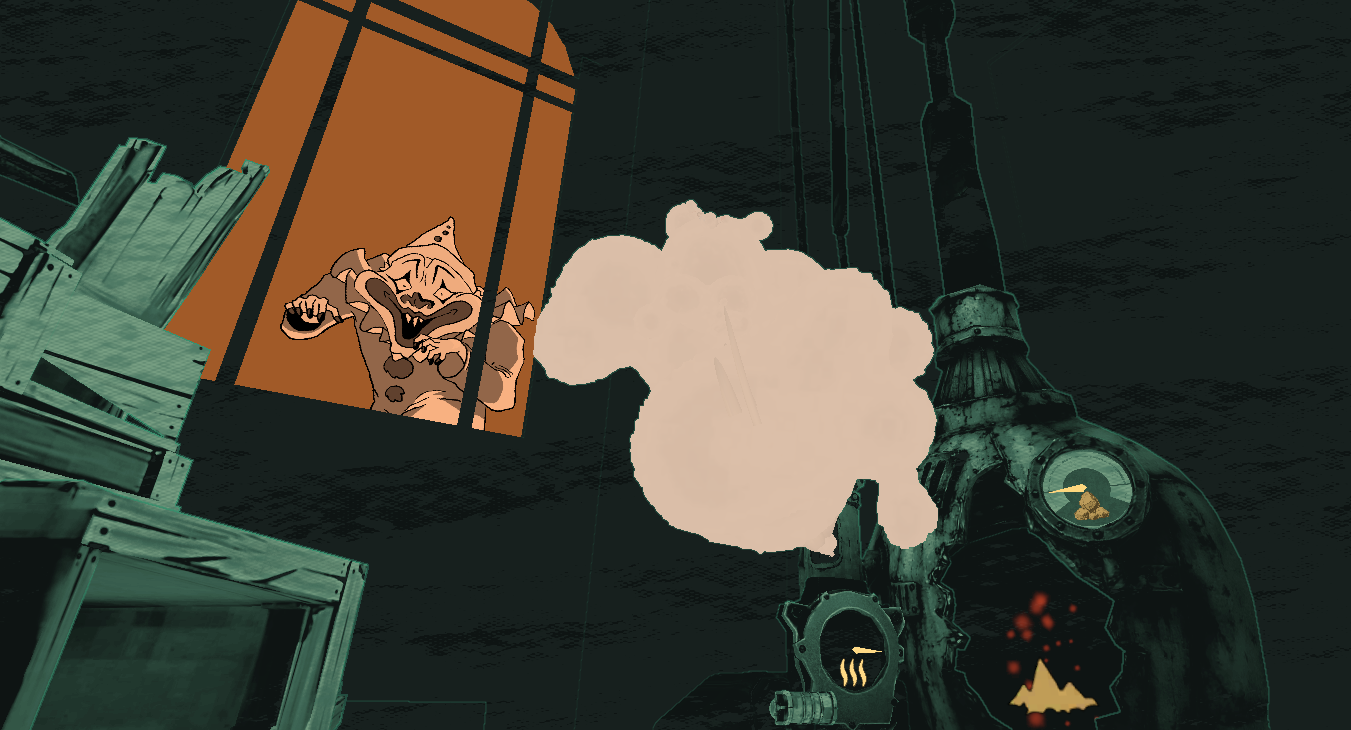 A first look at Zoolax's upcoming horror game: a sinister clown watches from an orange-lit window in a dark, illustrated room.